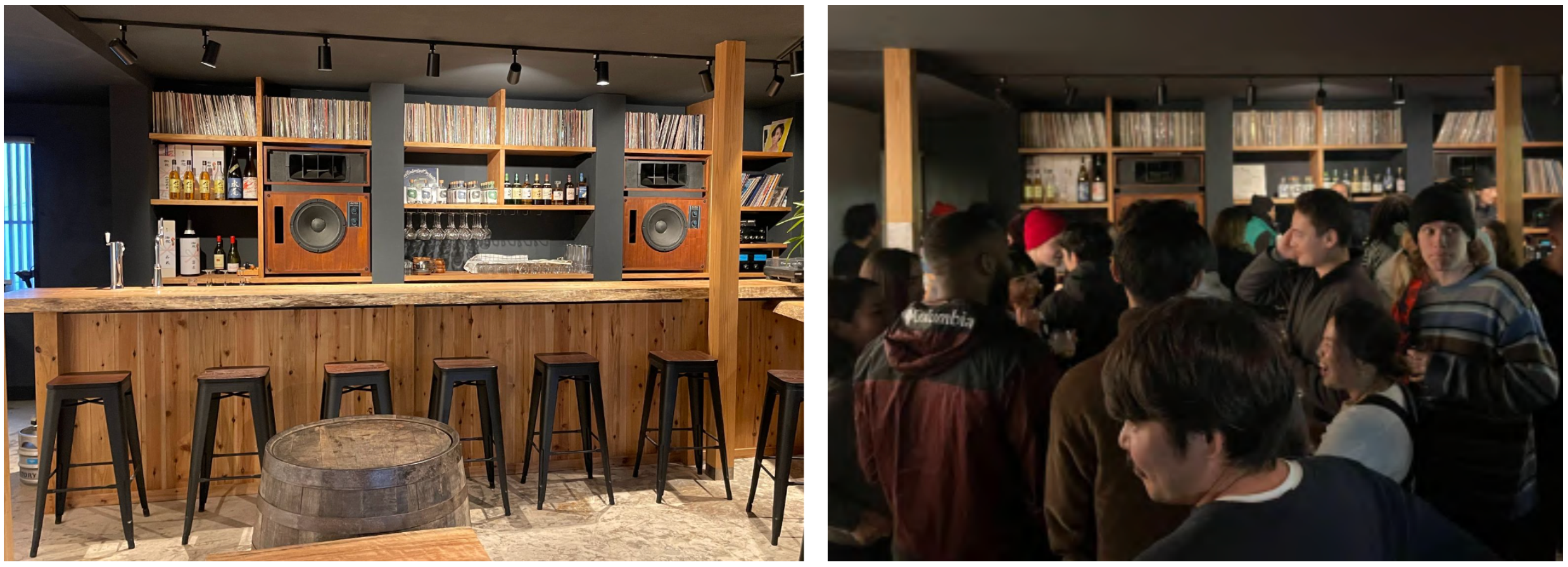 （左）遊休不動産を改築したミュージックバー「GURUGURU」（右）賑わう店内の様子