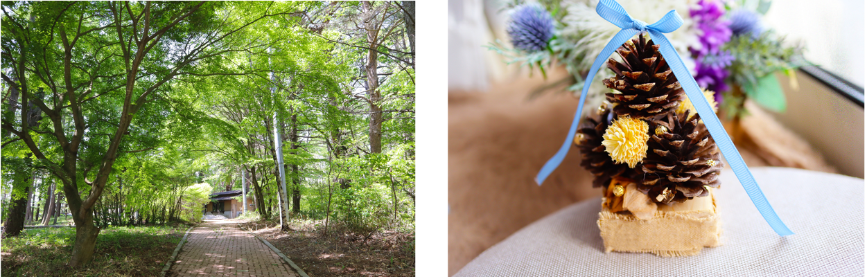 画像左：「KOMOROBIの森」イメージ／画像右：木工クラフト制作例