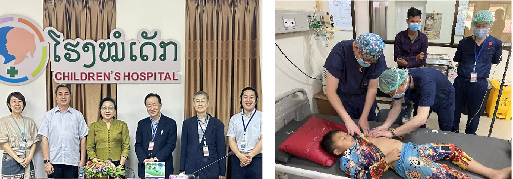 （写真左）右から３人目が田口智章医師。右から２人目が猪股裕紀洋医師。左から3人目が院長のDr. Sommanikhone（ソマニコン先生）。左から2人目が副院長のDr.Chayphachanh（チャイパチャン先生）