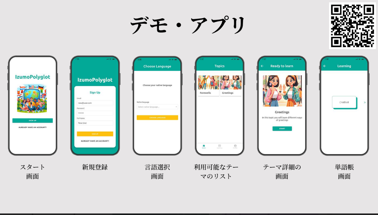 Izumopolyglotのデモ画面。右上のQRコードから実際に使用可能