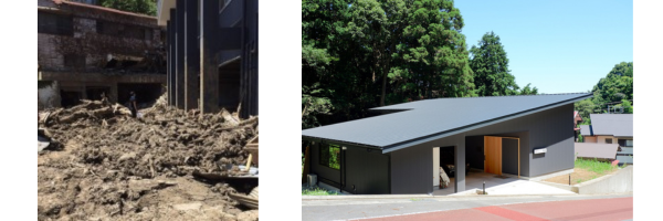 　　　被災した伊豆山のコマツ屋製麺の工場（左）　　　　上多賀に再建した新工場（右）