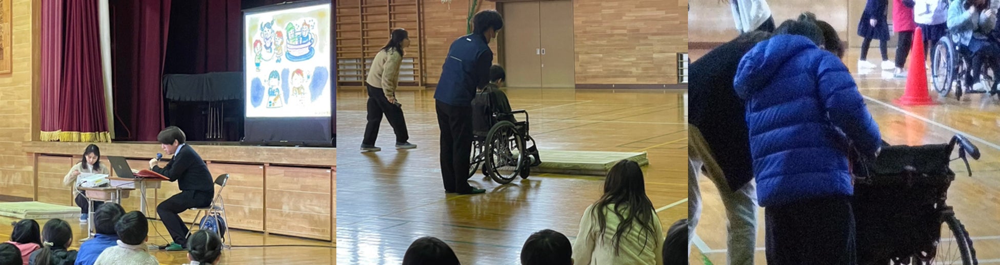 (写真左から)認知症についてのお話/車いす操作を実演/車いすの試乗&介助体験も