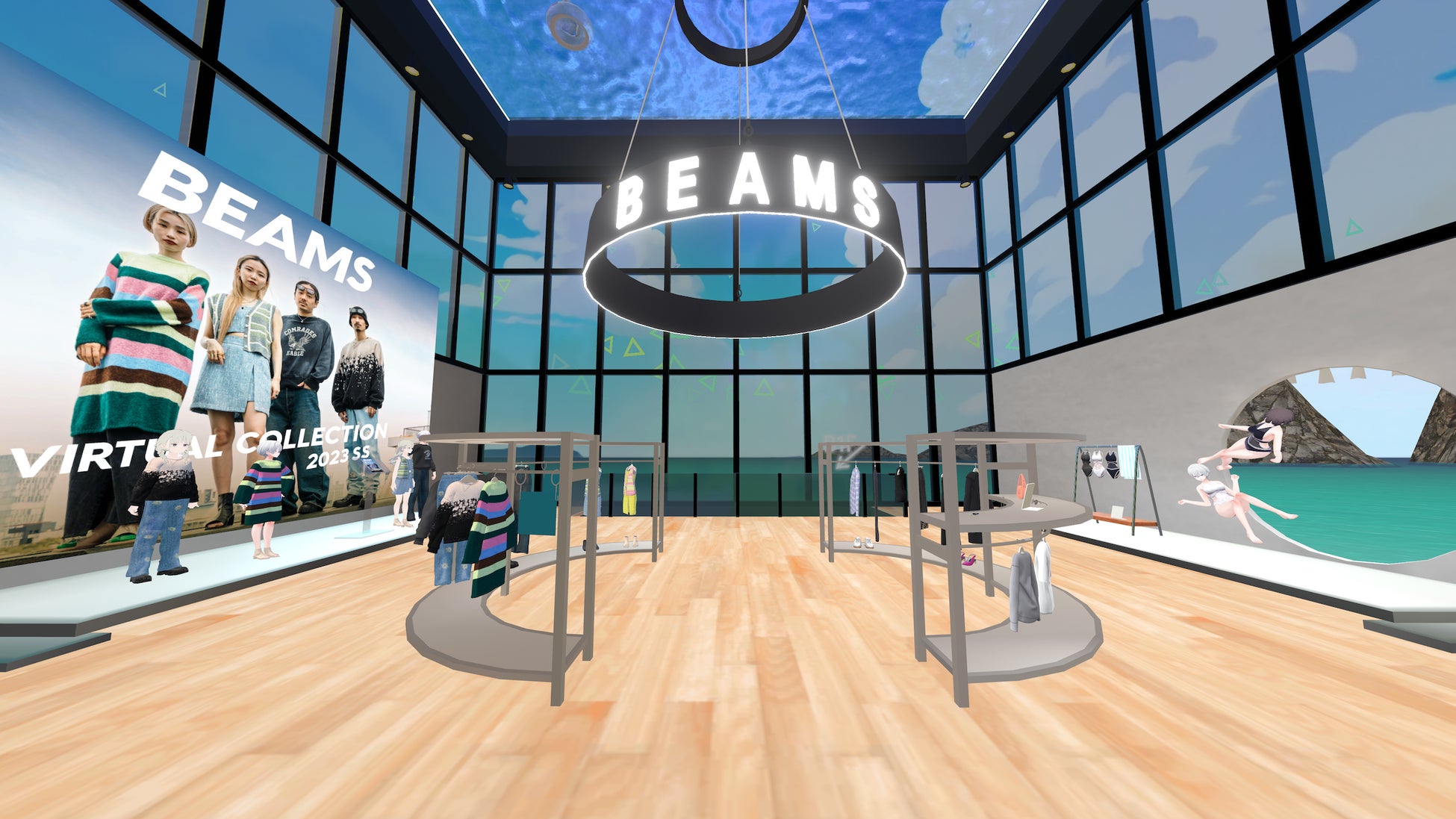 BEAMSバーチャルショップ1階は全面ガラス張りの開放感溢れる空間で、天井には屋上のプールの水面が揺れる