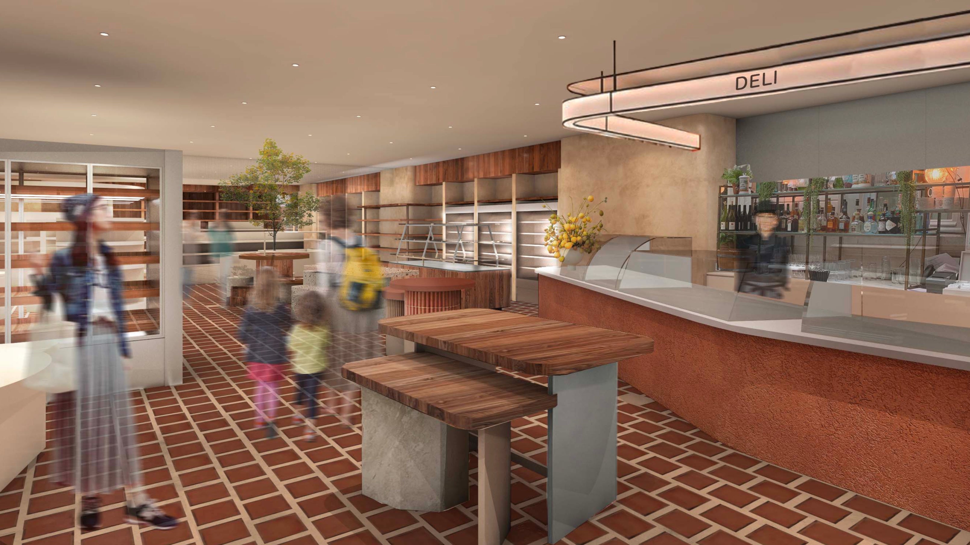 店の中央に位置するデリコーナー。旬の食材を使用したデリやパン、季節ごとのスイーツなどを取り揃える。