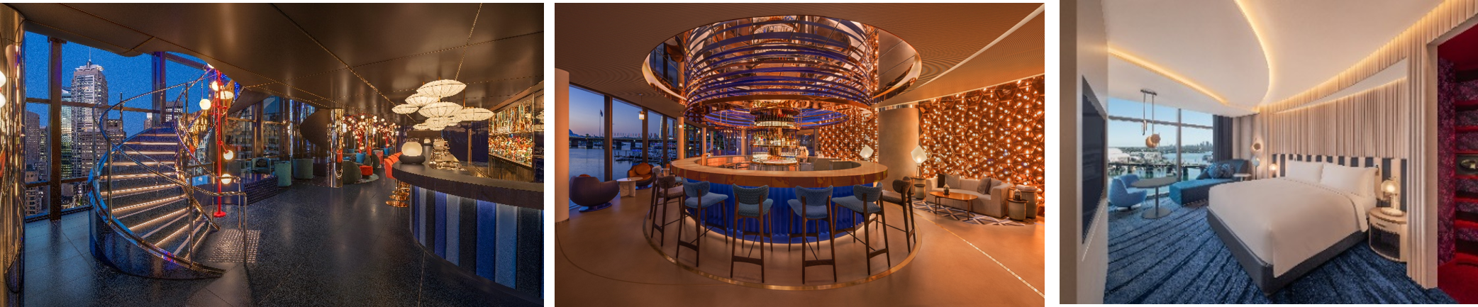 左から：バー29／30、ロビーLiving Room、 客室Spectacular King Guestroom