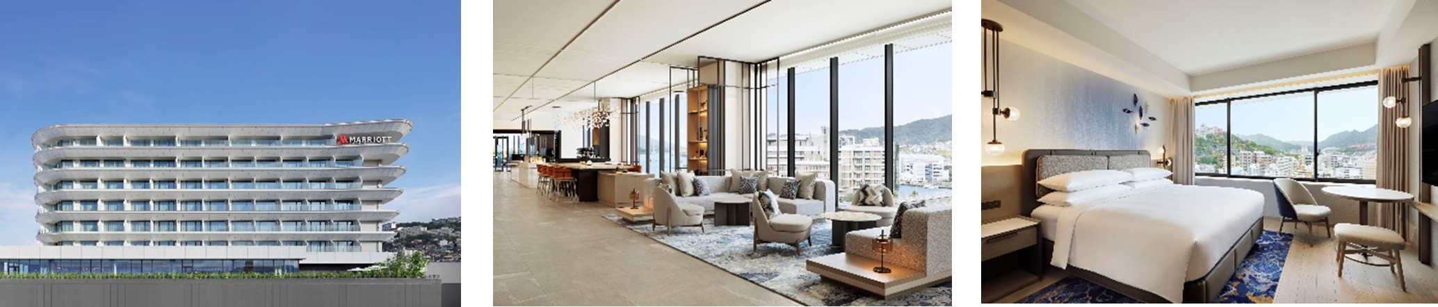 左から右：外観、ロビー、客室