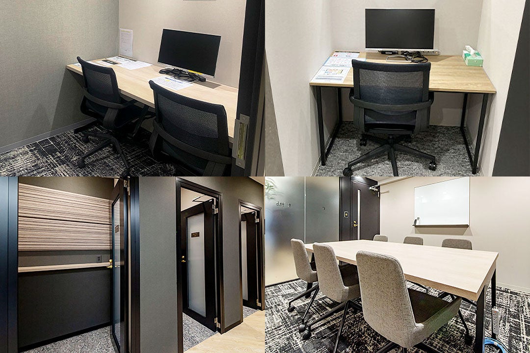 ワーキングゾーンの施設：（左上から時計回りで）リモート会議室、ブース席、会議室、テレフォンブース