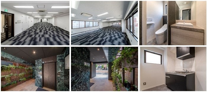 「VORT芝公園Ⅲ」6階（上段左）、10階（上段中）、レストルーム（上段右）、エレベーターホール（下段左）、エントランスホール（下段中）、給湯室（下段右）※2022年6月撮影