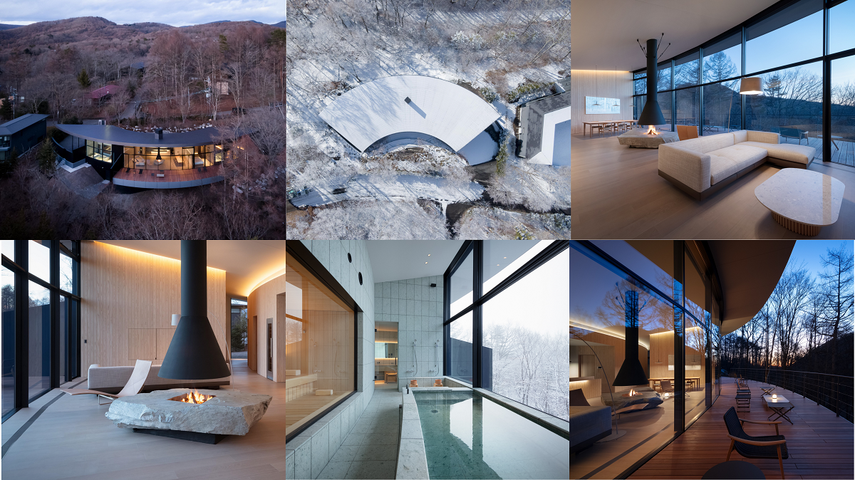 『Seren Collective ELM』上段左：外観、上端中央：俯瞰、上段右： リビング・ダイニング、下段左：暖炉、下段中央：バス・サウナ、下段右：テラス(※2024年1月撮影) photos by Takumi Ota