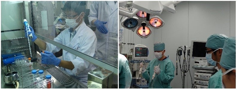 実習の様子（左：再生医療実習　右：大動物実習）