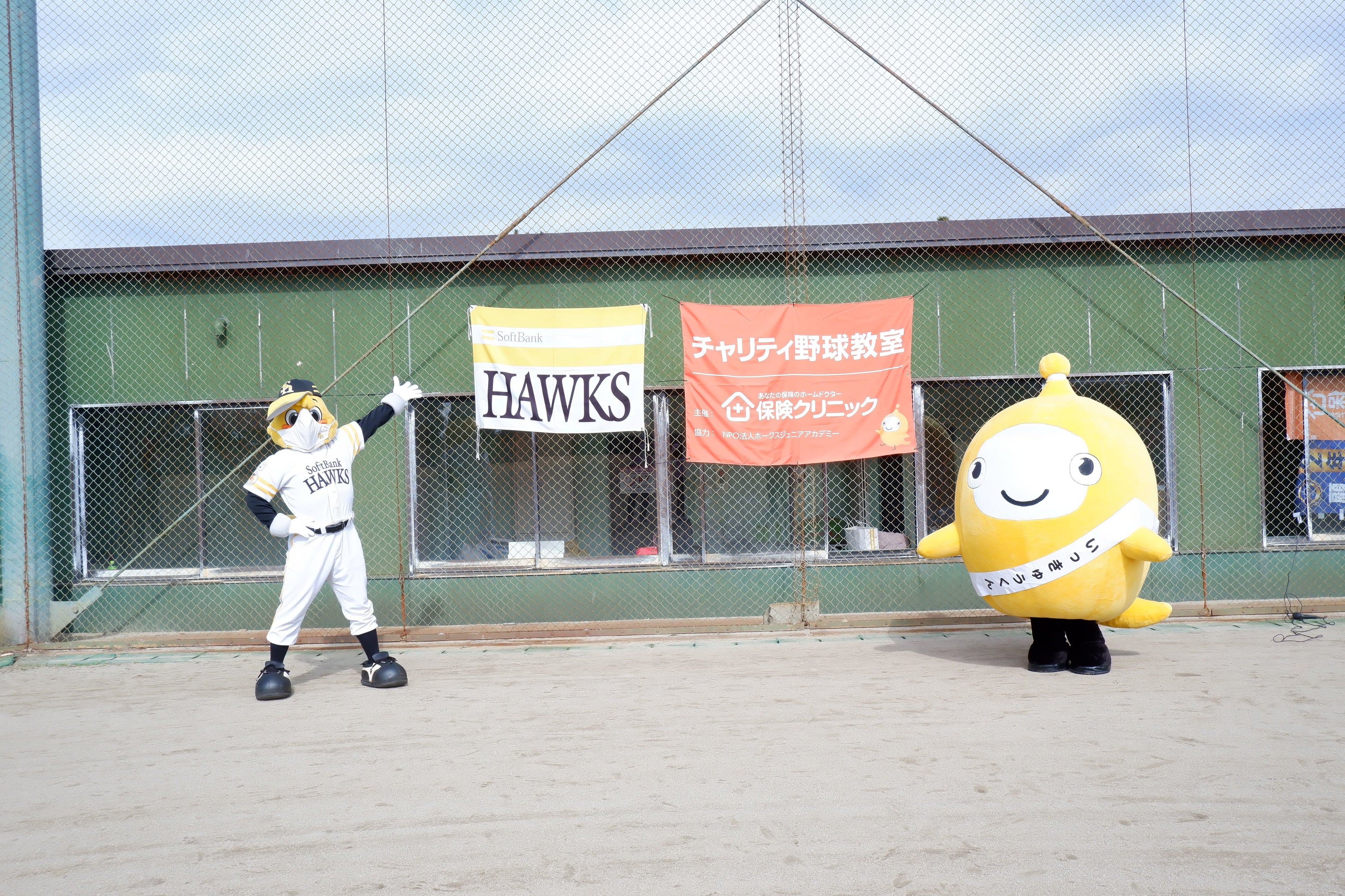 福岡ソフトバンクホークスのハリーホークくんと、保険クリニックのIQくん