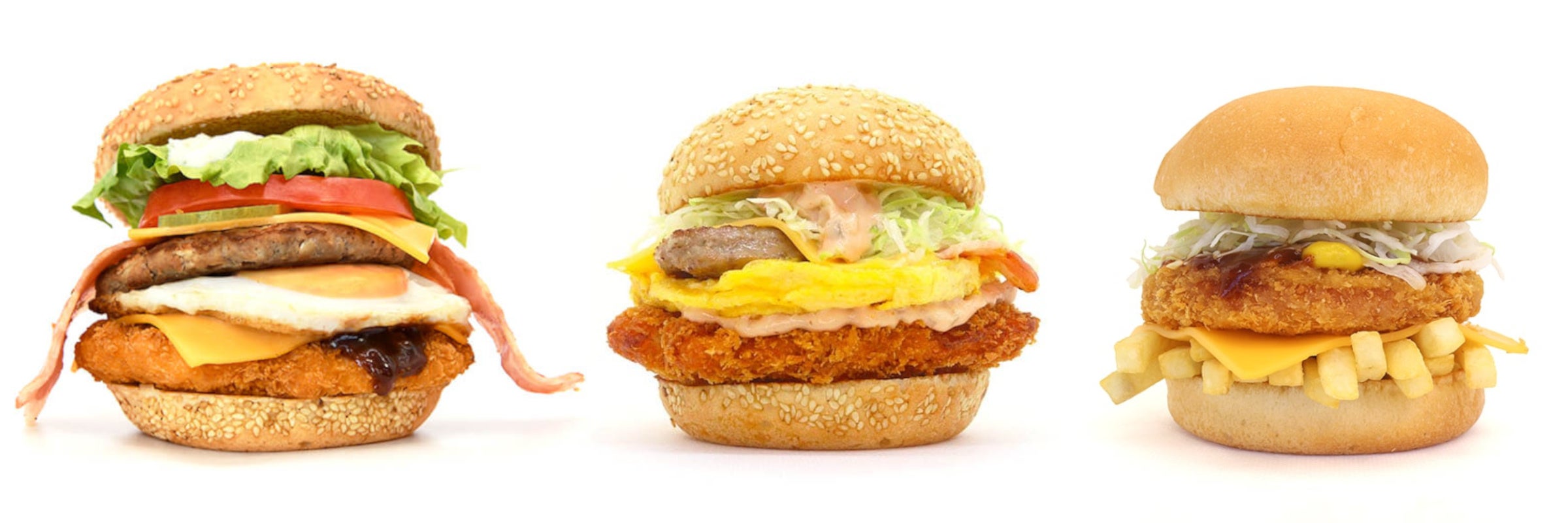 沖縄ランチバーガー（左からAランチバーガー、Bランチバーガー、Cランチバーガーの順）