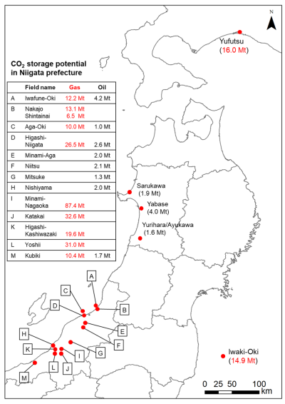 本論文で対象とした国内の12ガス田（赤字）と11油田（黒字）のCO2貯留可能量とその分布 「令和3年度　石油天然ガス開発技術本部 年報」より転載