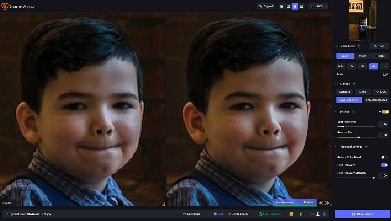 Topaz Labs Gigapixel AI は、より高品質のスケーリングされた画像のために自然な方法で画像の解像度を向上させます。
