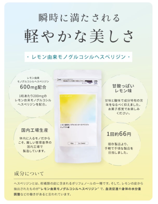 Style Laboから新商品、噛んで食べると顔や脚がスッキリするチュアブルタイプのサプリメント「レモン由来モノグルコシルヘスペリジン」がついに発売開始!