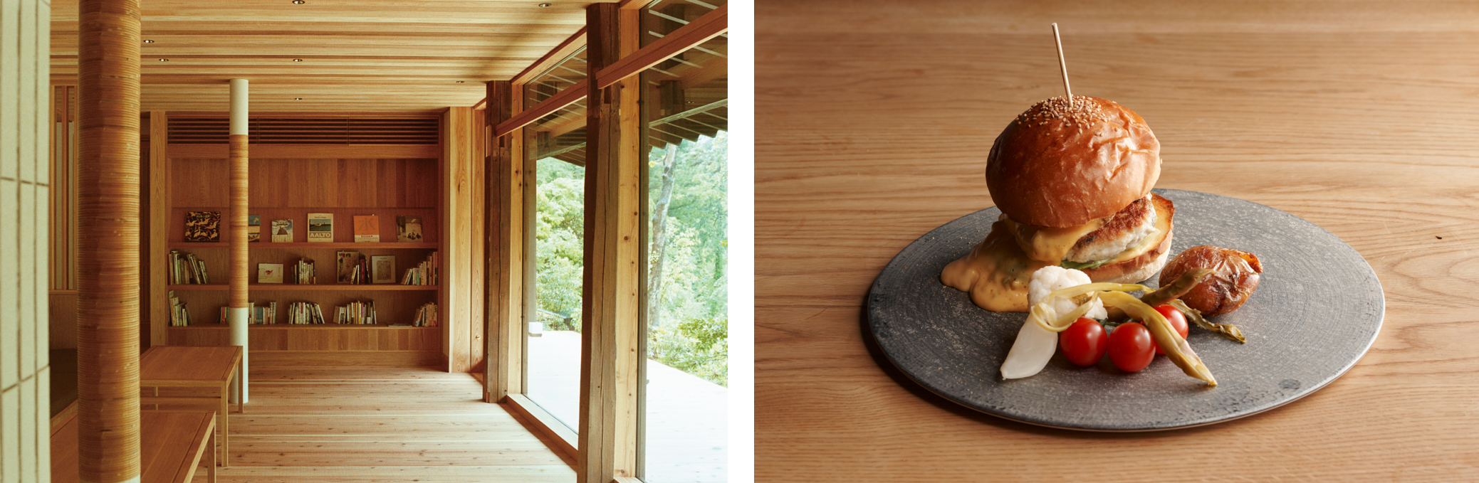 ©︎Daisuke Takashige｜1Fラウンジ　　　　　　　　　　　　©︎Daisuke Takashige｜ヤマメ照り焼きバーガー
