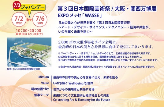大阪・関西万博会場 EXPO メッセ「WASSE」にて開催!2025.7.2(水)~7.6(日)第3回日本国際芸術祭/大阪・関西万博展 「日本の地域の豊かな文化と自然の魅力」Cゾーン出展ご紹介 大阪・関西万博会場 EXPO メッセ「WASSE」にて開催!2025.7.2(水)~7.6(日)第3回日本国際芸術祭/大阪・関西万博展 「日本の地域の豊かな文化と自然の魅力」Cゾーン出展ご紹介