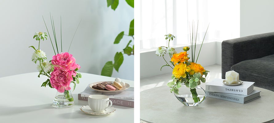 母の日ギフトにお勧め 毎年即完売のラナンキュラスコレクション(左:ラナンキュラスM24-pk  右:ラナンキュラスL24-o)