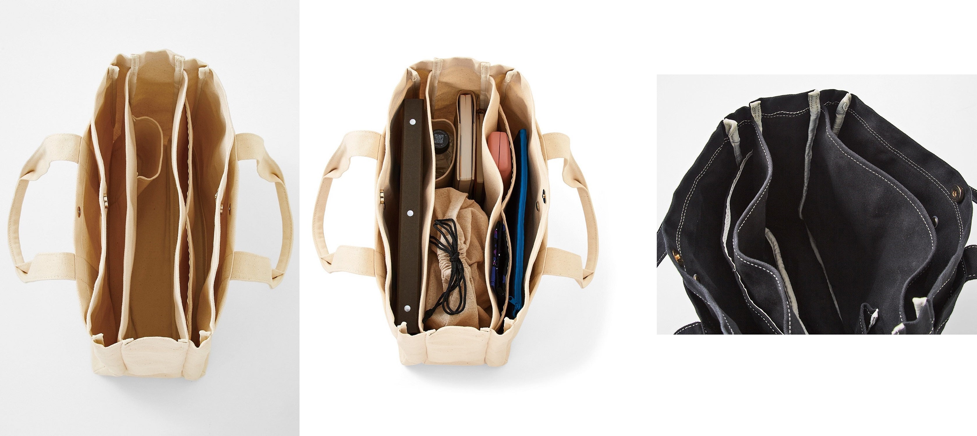 A4サイズが入るちょうどいいサイズ感と仕切りやポケット、ペットボトルホルダーポケットもあり使い勝手抜群。“黒染め”を行うと、化繊の部分や縫製糸は染まらず残りデザインのポイントに。