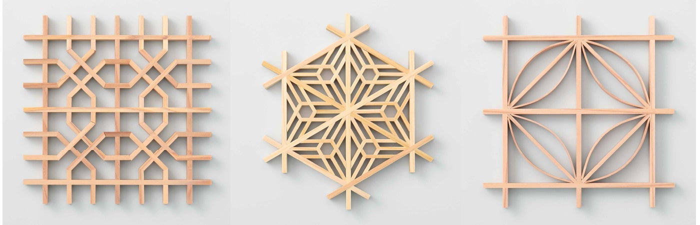 左から八角つなぎ、二重麻の葉、七宝つなぎ