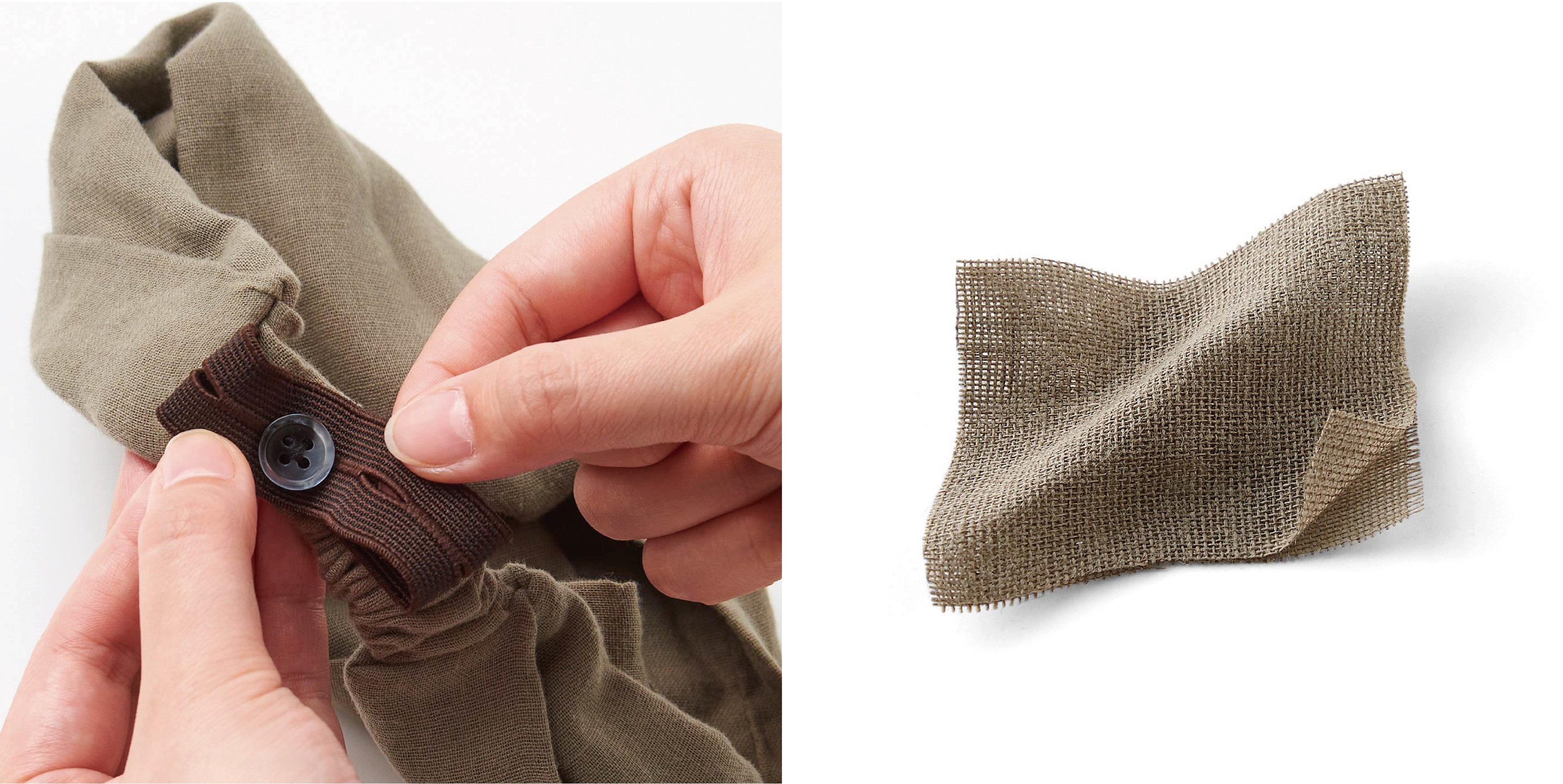 ＜左＞サイズ調整可能。ボタンホール付きのゴムにボタンを通します　＜右＞洗うほどにやわらかくなる、コットン100％のダブルガーゼ素材