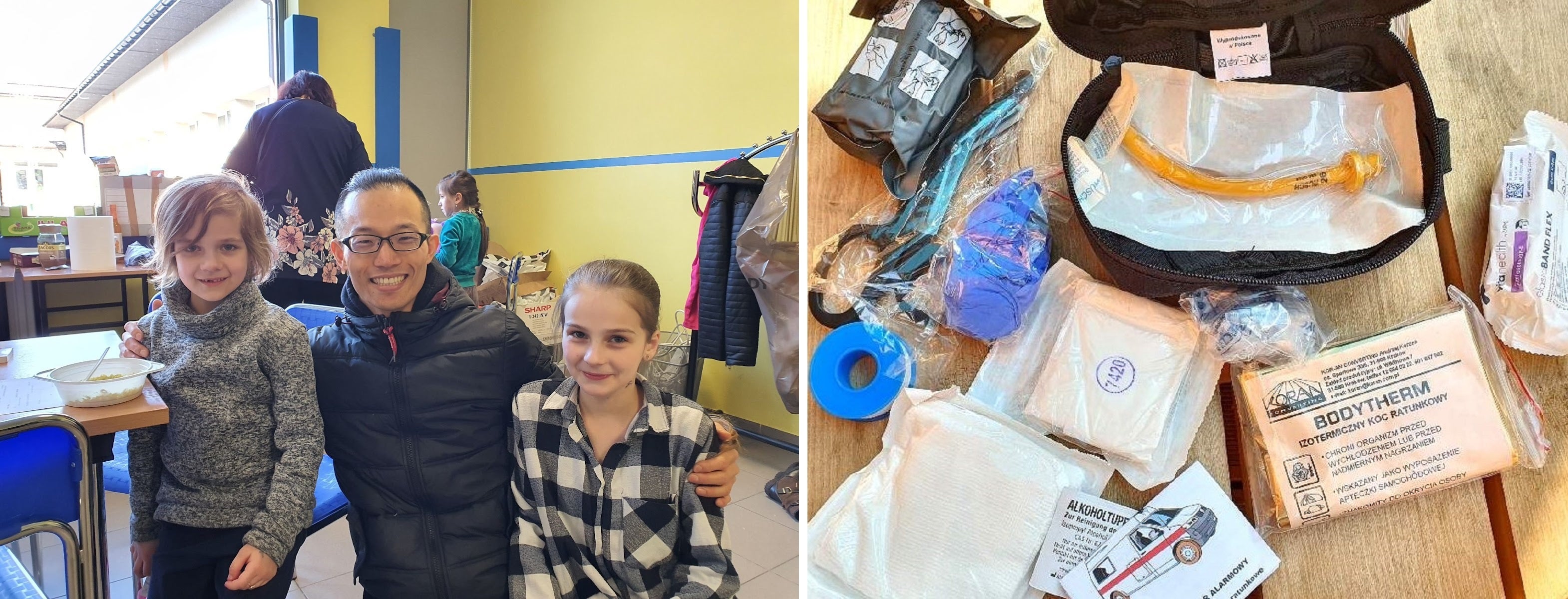 左：ポーランドの避難所で活動する坂本龍太朗さん（写真中央）　右：緊急医療パック内容例（坂本龍太朗さん 撮影）