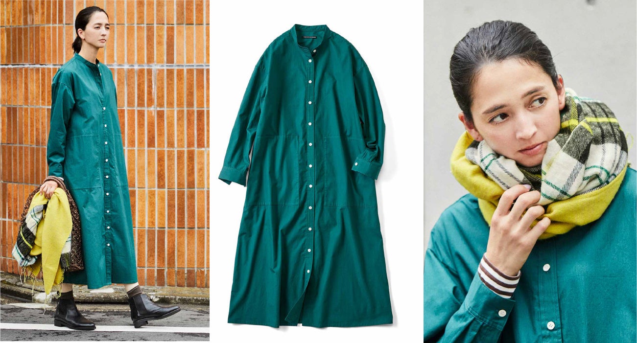 シャープな首まわりと、すそ広がりの直線的なラインですっきりとしたシルエットです