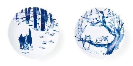 左から〈たけのこと猫〉〈梅に鶯と猫〉