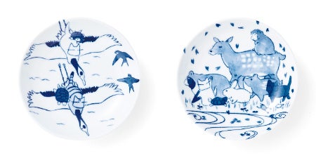 左から〈鶴亀と燕と猫〉〈縁起がよい動物たちと猫〉