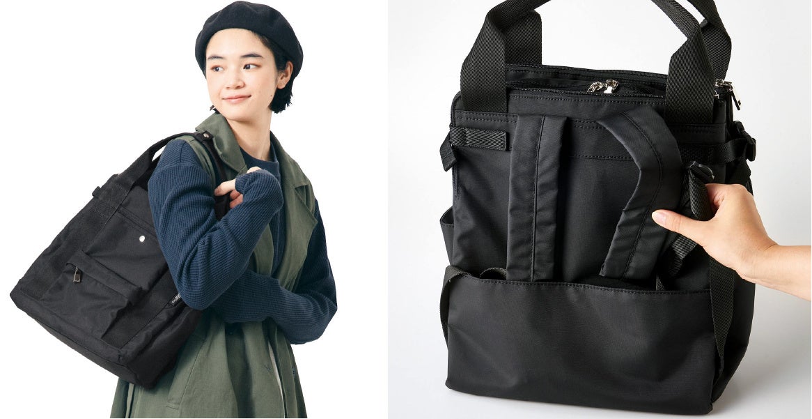 後ろポケットにショルダーを収納すれば、肩掛けやトート持ちもできます