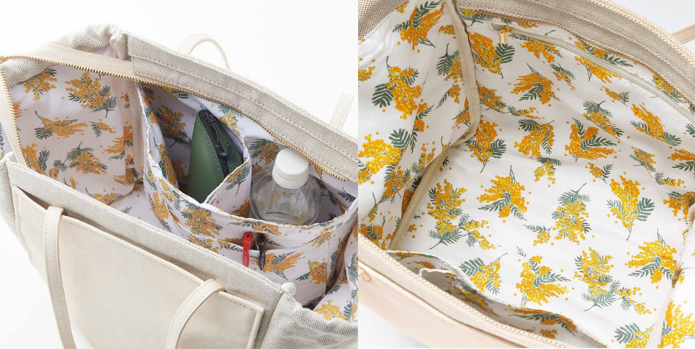 バッグの内生地は人気の春らしいミモザ柄です。充実の内ポケットで収納力も抜群