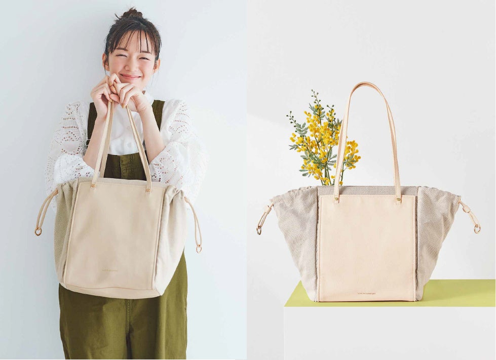 サイドのひもをきゅっとしぼって、ころんとさせてもかわいい。底は合皮素材で汚れにくい仕様