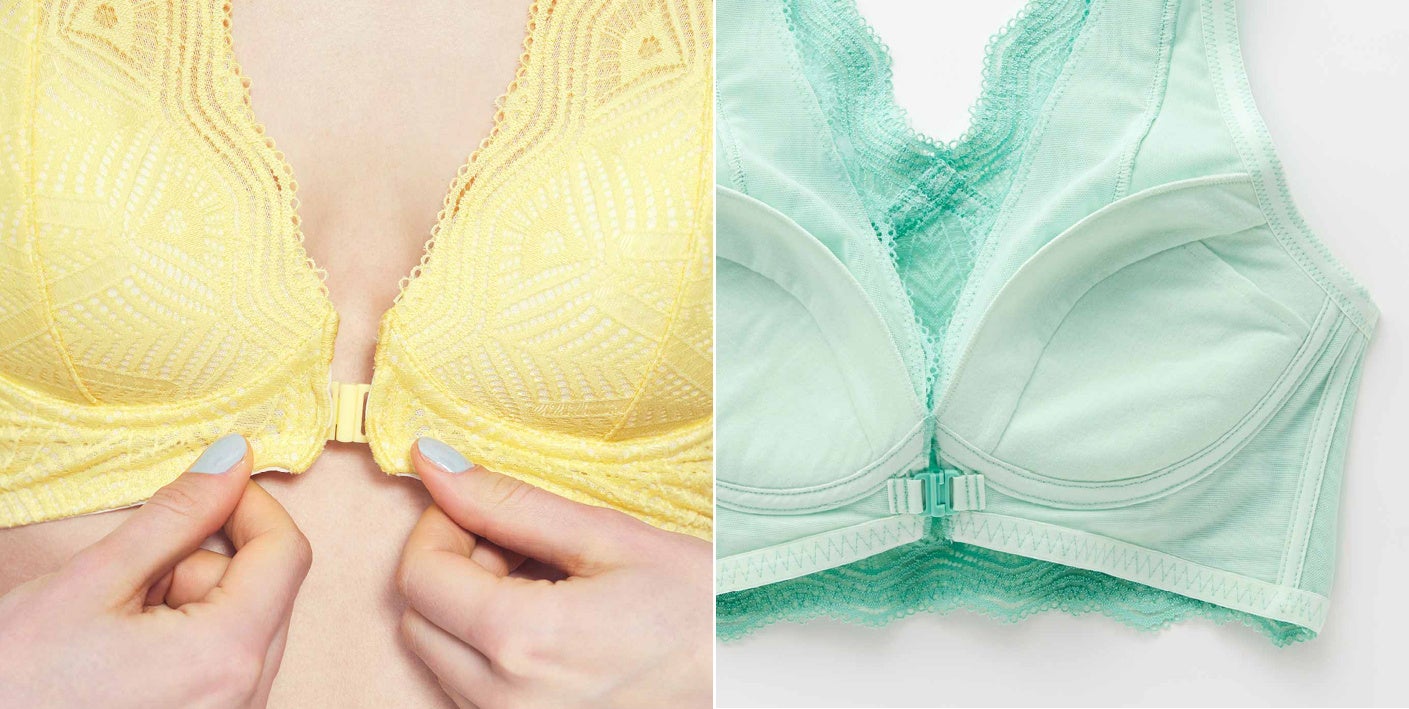 着脱しやすい前側ホックで、内側は綿混素材のやわらかカップ。手持ちのパッドを入れられるポケット付き