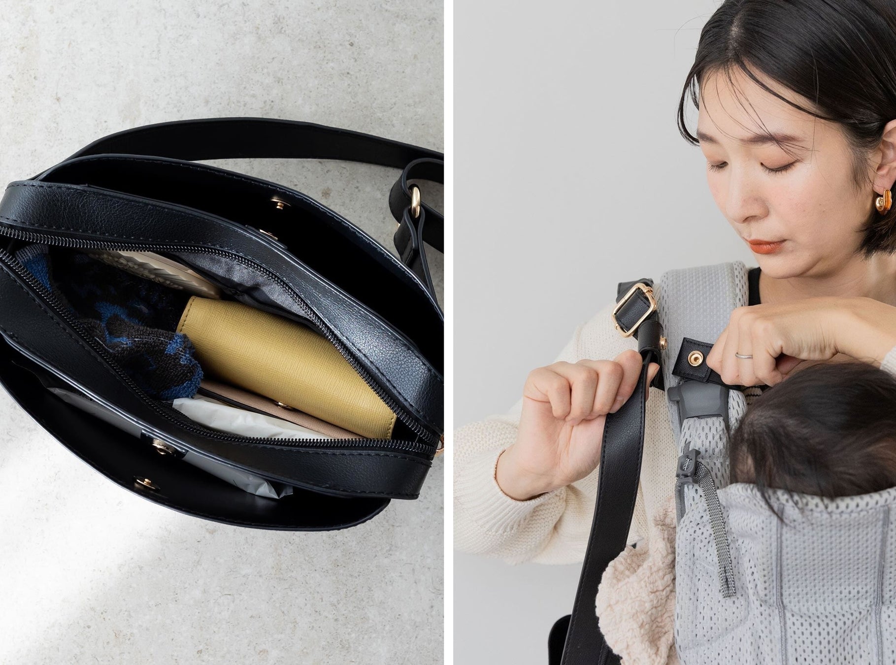3部屋構造で中身が散らかりにくいです。パーツを抱っこひものショルダーにドッキングすることでずり落ちません