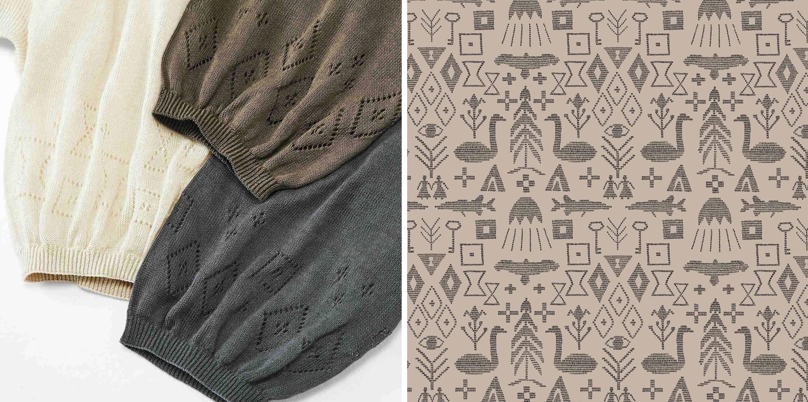 裾には【The Birth of The World】という名のテキスタイルの一部が透かし編みであしらわれていておしゃれです