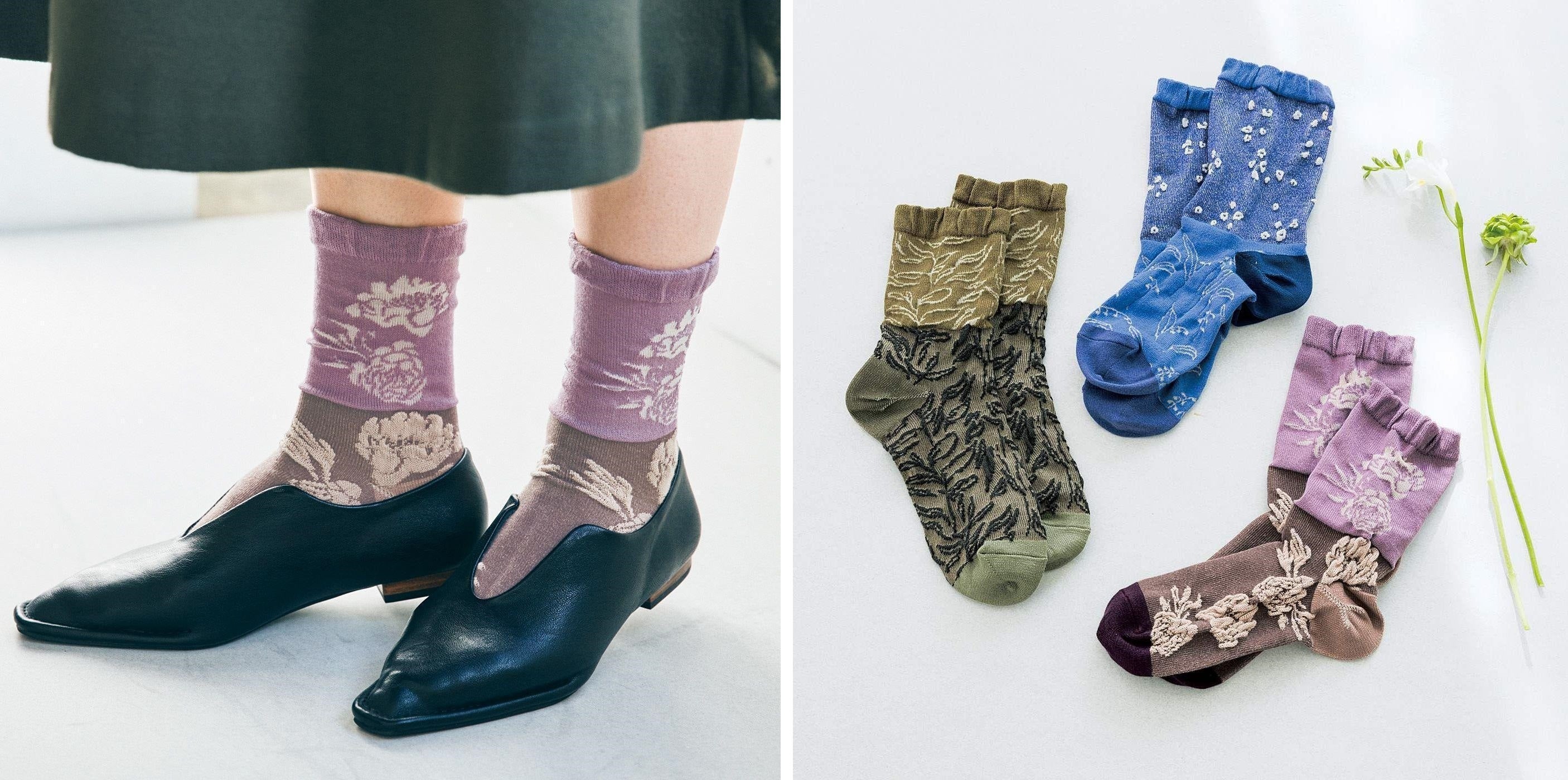 左から〈セージグリーン〉〈レイクブルー〉〈ピオニーパープル〉の3色展開で、毎月1足届きます