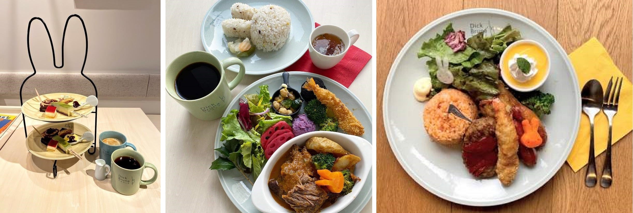 写真左からアフタヌーン スイーツセット（￥3,300）、おとなのためのお子さまランチプレート（￥1,980）、こどものためのランチプレート（￥1,380）　※内容は仕入れ状況等により変更となる場合があります。