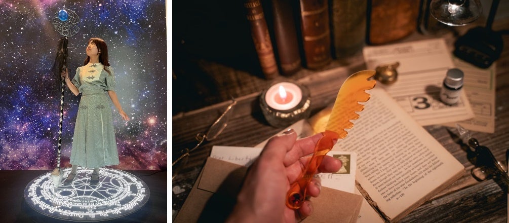画像左：ファンタジー世界に入り込んだようなフォトスポット「宇宙に輝く魔法陣」、右：匠工芸×魔法部　コラボグッズ