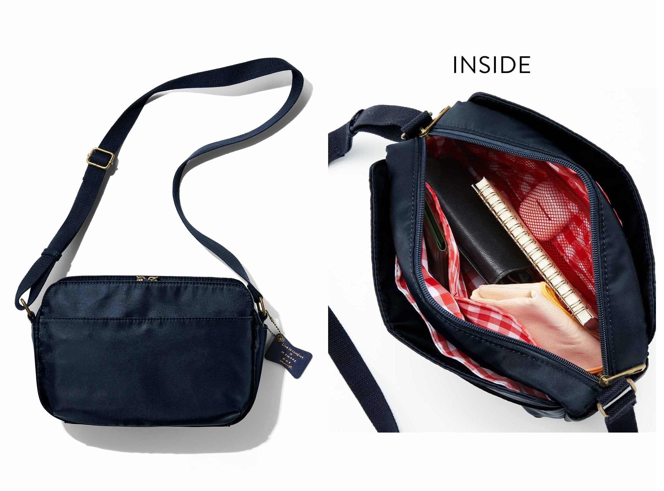 携帯、財布、ウェットティッシュ、化粧ポーチなどの愛用品がすっぽり入る、たっぷりの容量