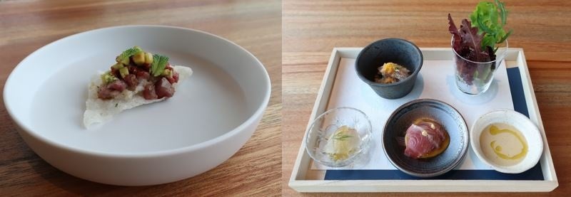 左：但馬牛のタルタル　発酵玄米　お米のタルティーヤ　右：魚のカルパッチョ