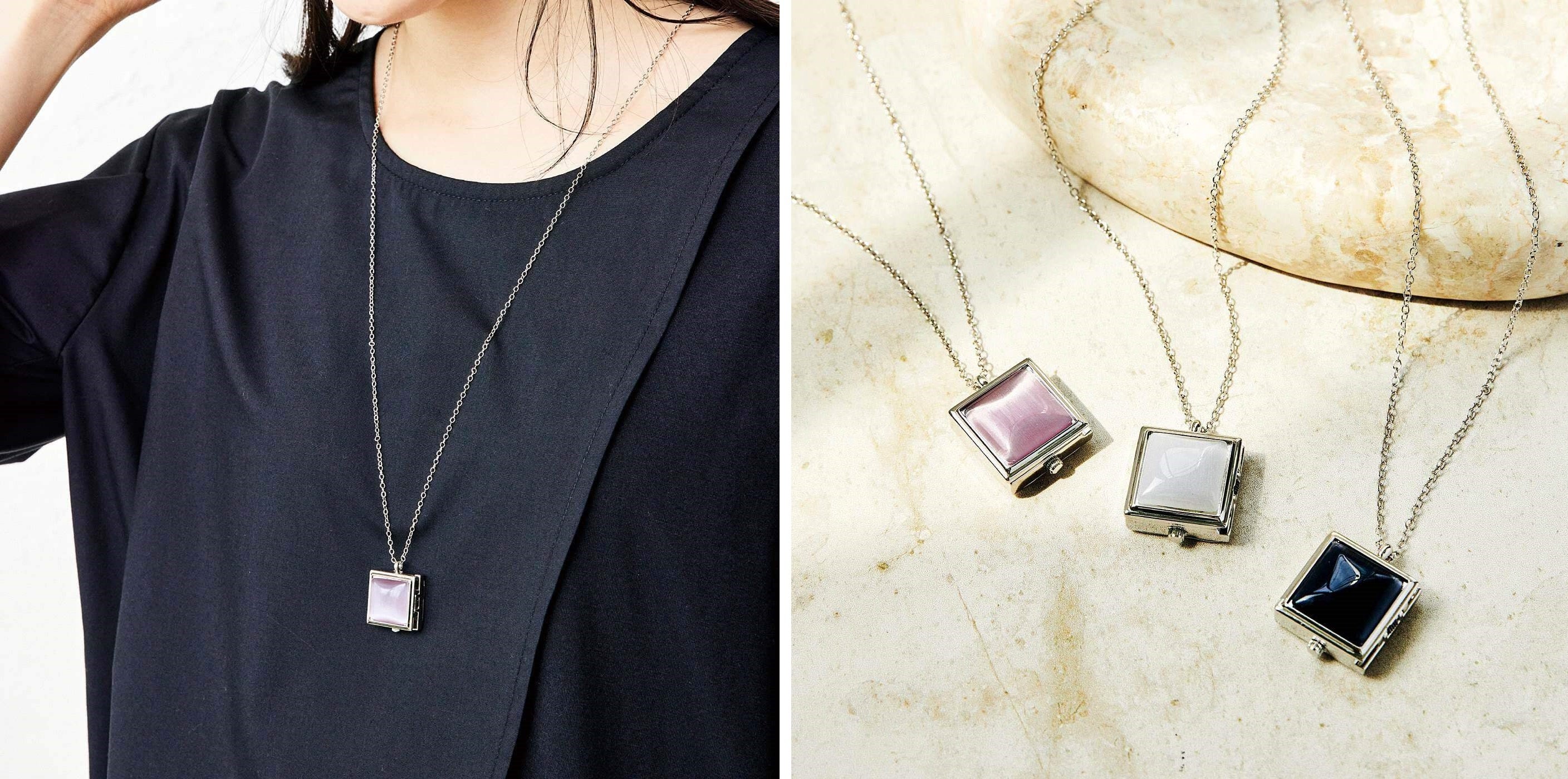 〈ピンクトルマリン〉〈ミルキークオーツ〉〈ブラックトルマリン〉の3色展開です