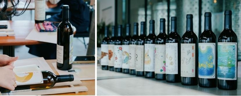 左:オリジナルラベルをボトルに貼ります   右:オリジナルラベルを貼ったボトル(できあがりイメージ)