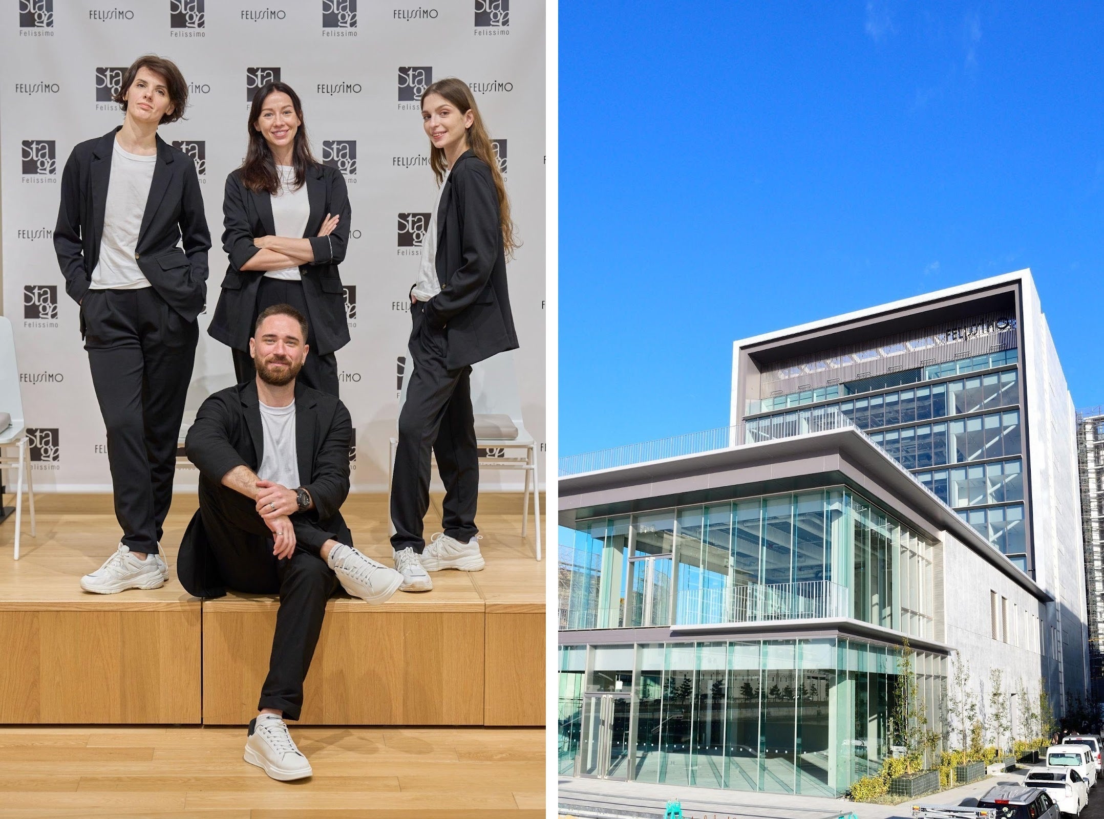 7月10日に動画撮影を行ったStage Felissimo(写真右）と撮影後のプロダンサー4人（写真左）