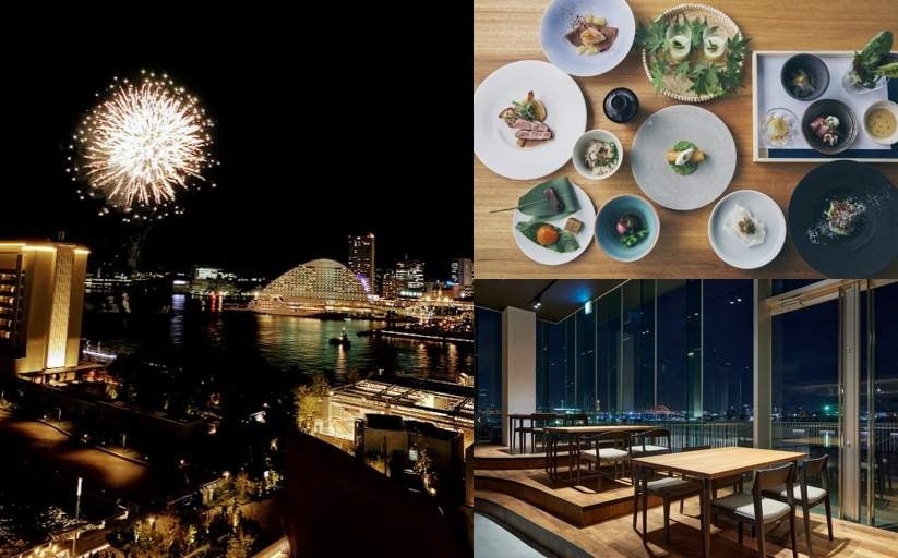 左:2022年みなとHANABI 右上:コース料理(イメージ) 右下:レストランSincro内観