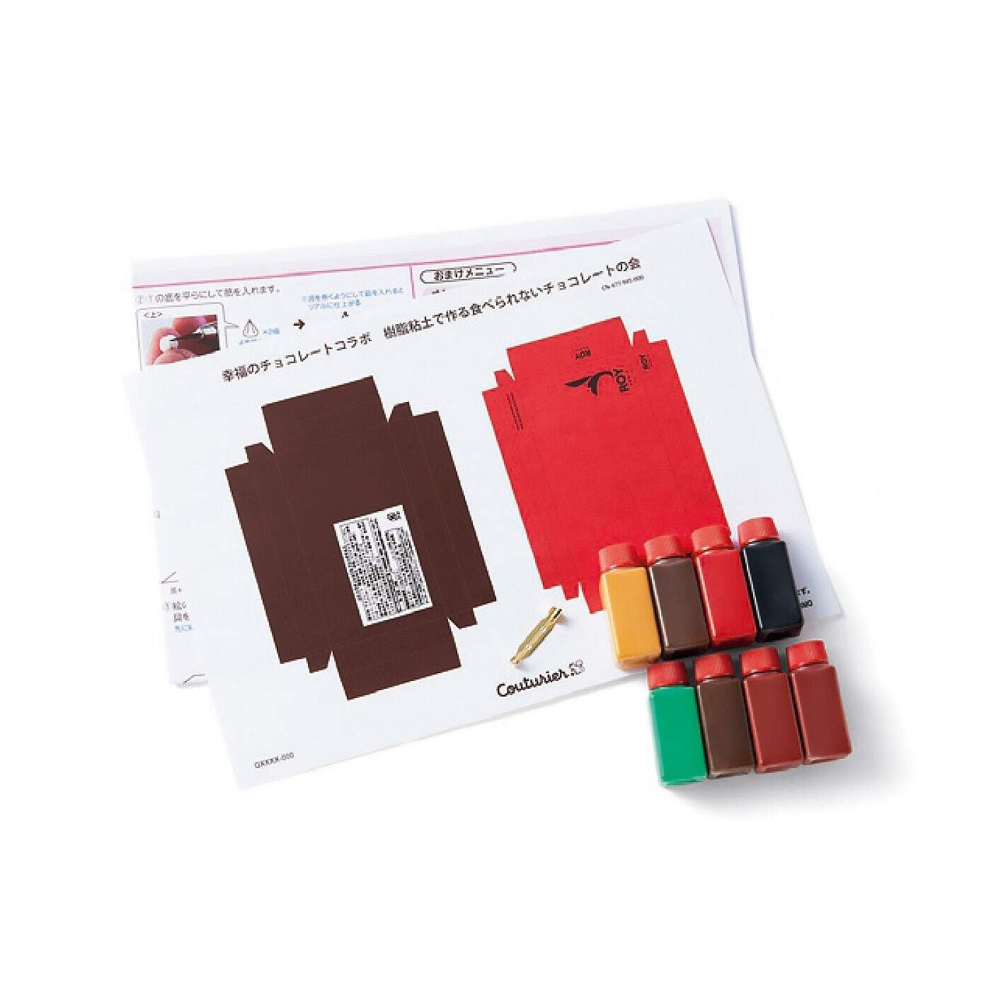 製作に必要なレシピ、塗料、ブローチ金具などがセットされています（樹脂粘土とレジンは別売りです）