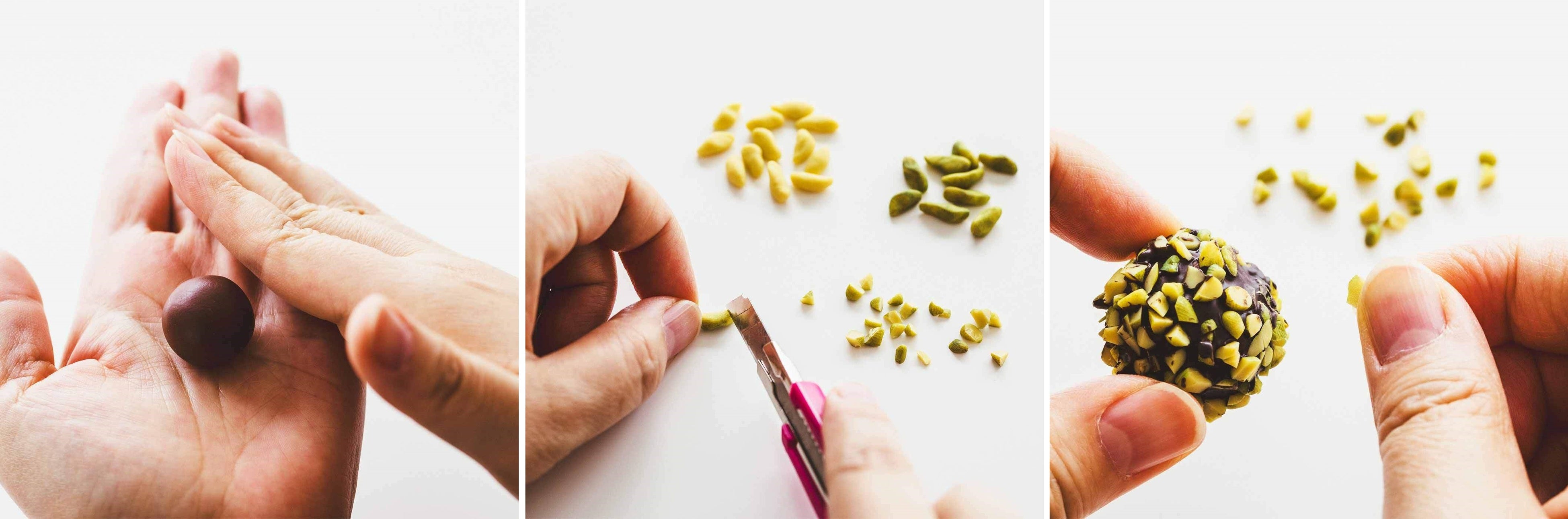 左から、①着色して丸める→②着色した粘土をカットしてピスタチオを作る→③丸玉に貼り付ける、の3ステップ