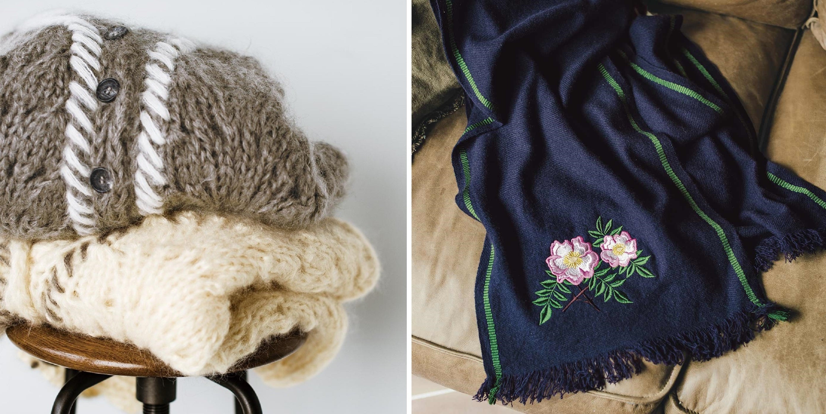 （「イタリア おばあちゃんたちの手編みニット」「ネパール ヤクウール空に最も近いストール」）