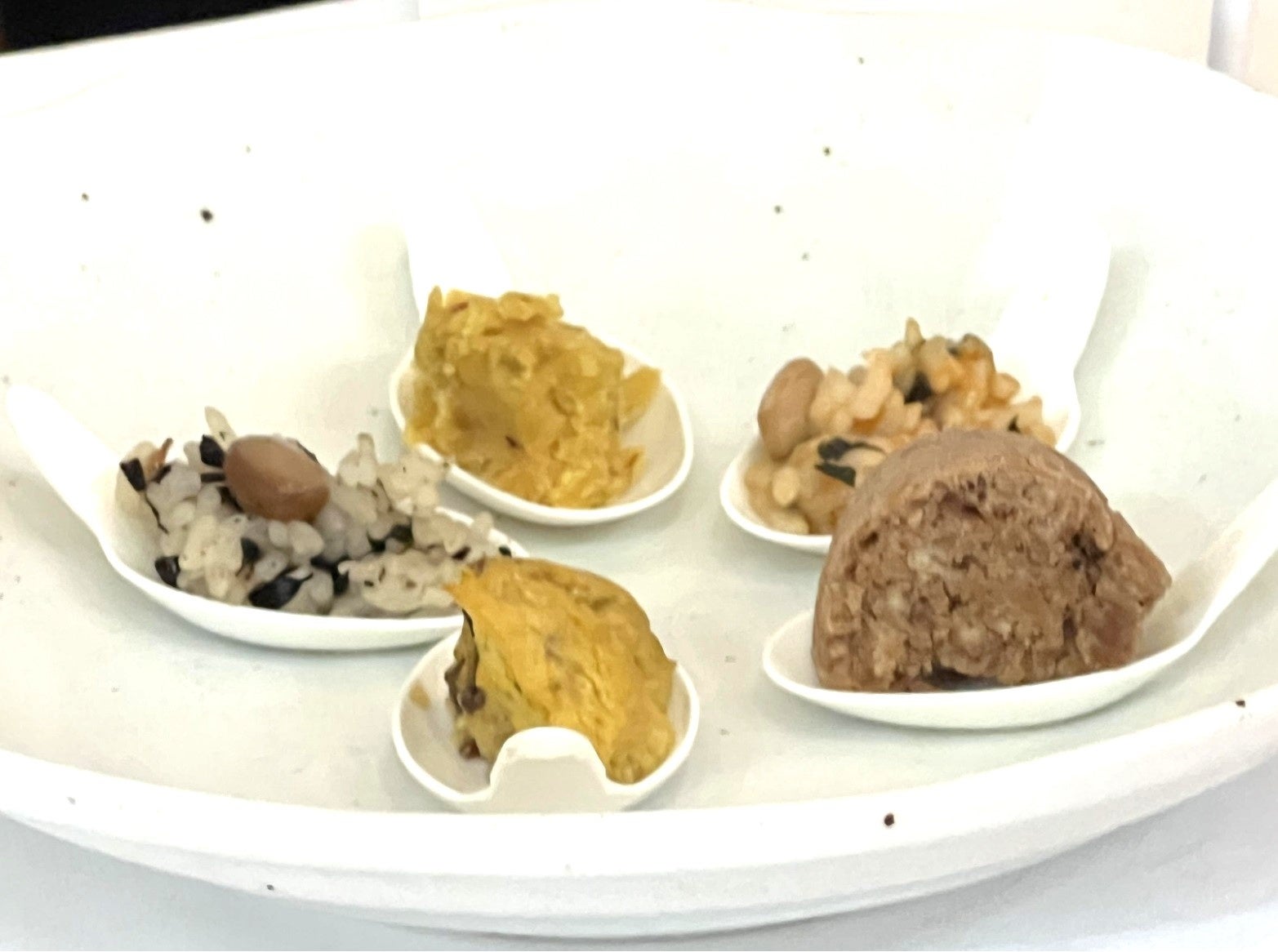 手前からぼっかけオムレツ、チョコレートチップの蒸しパン、ひじきご飯、ミネストローネのリゾット、カレー蒸しパン