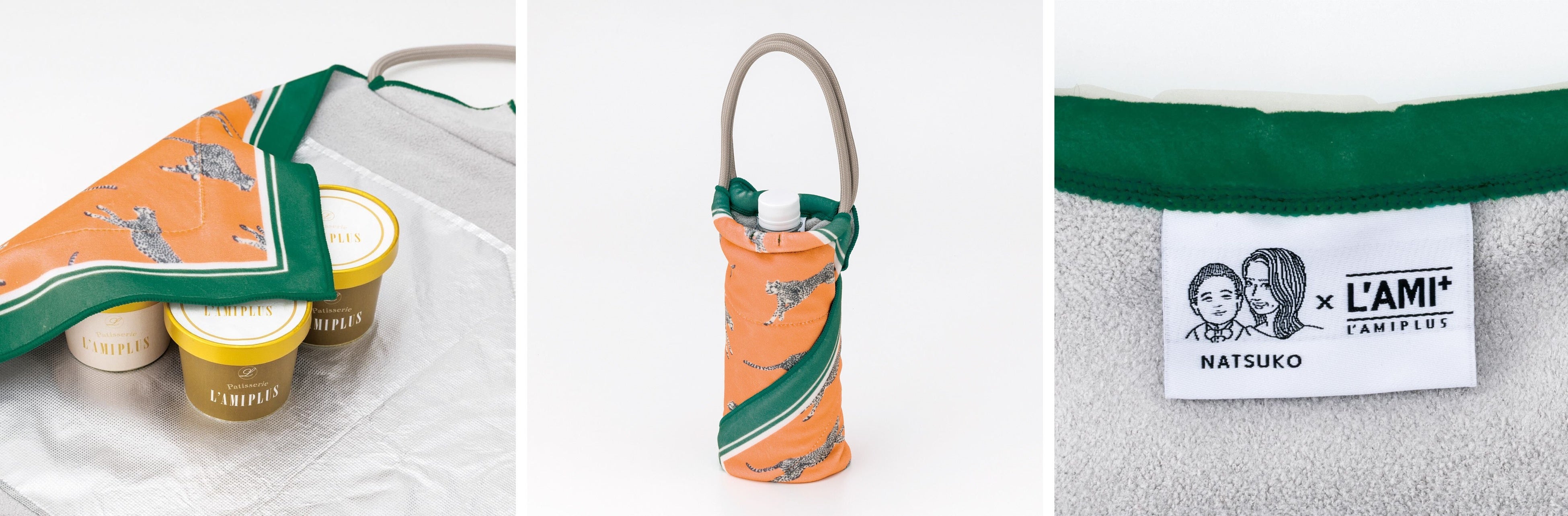 左：内側の素材はアルミ仕様で保温・保冷が可能　中：ペットボトルも包めます　右：コラボタグ付き