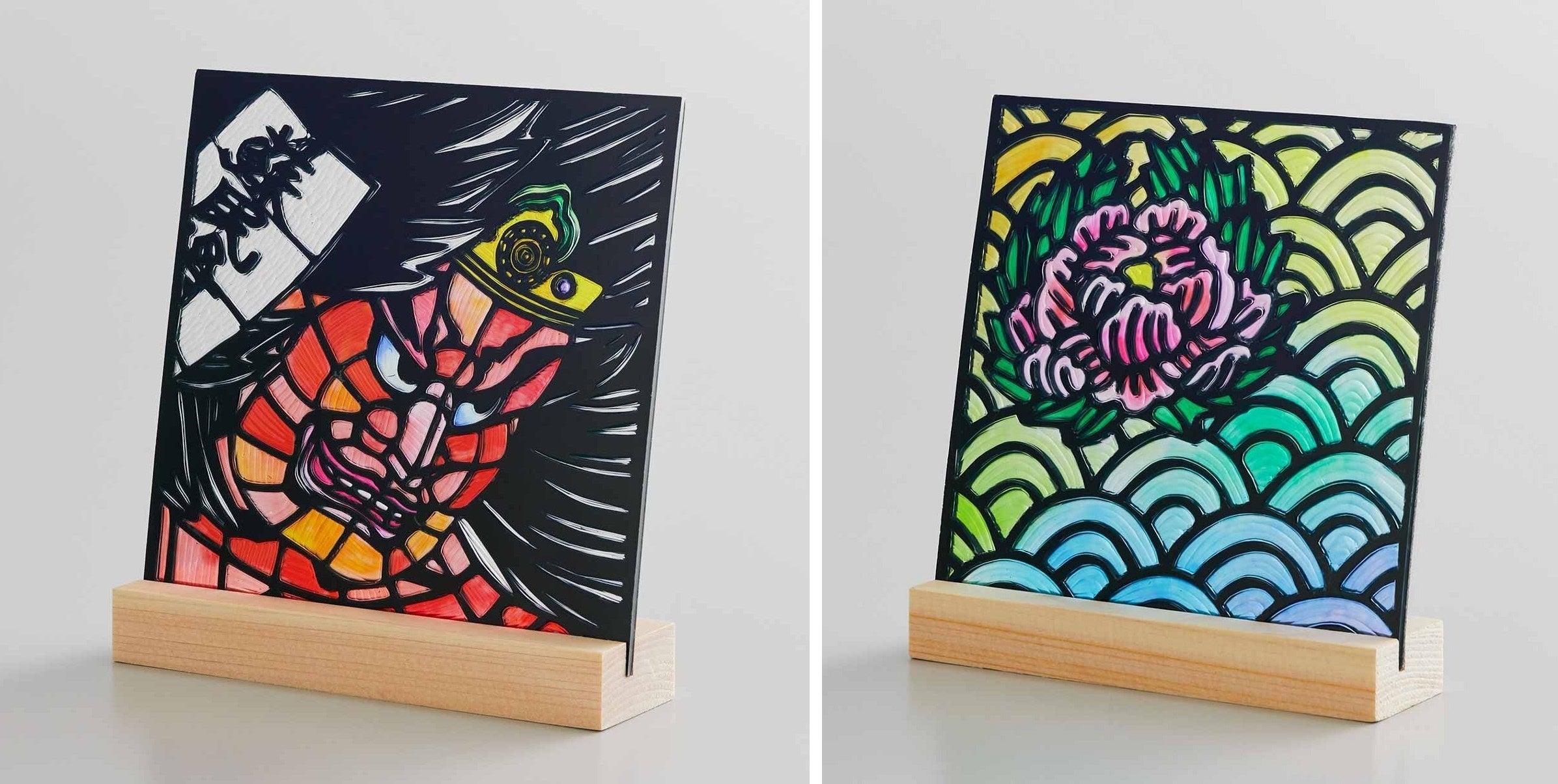 画像左：牛頭天王（ごずてんのう）、右：青海波と牡丹